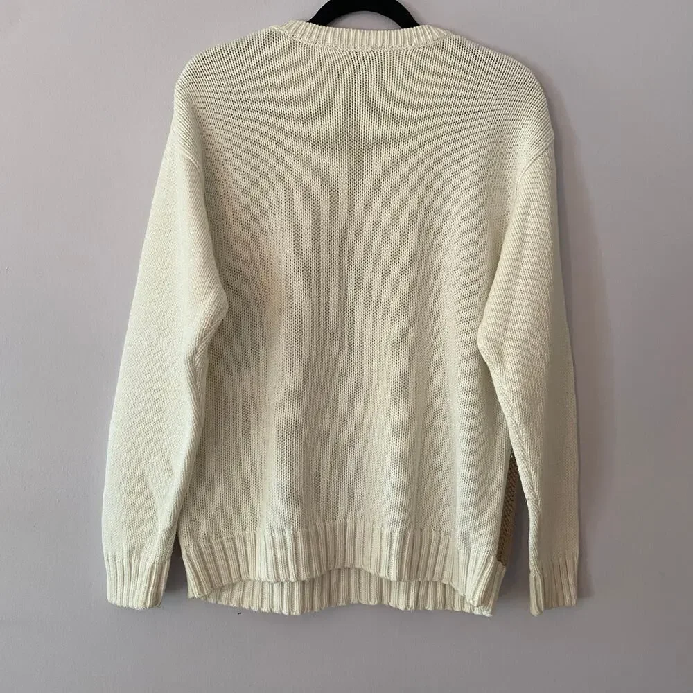 Vintage Russ Sport Grannycore White Brown Knit Chunky Crewneck Sweater Medium